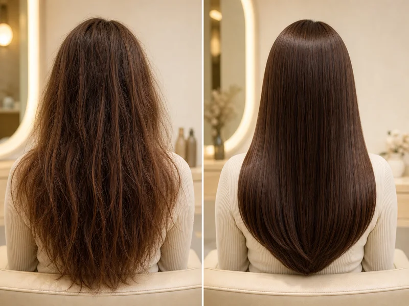 Before and after damaged hair repair result